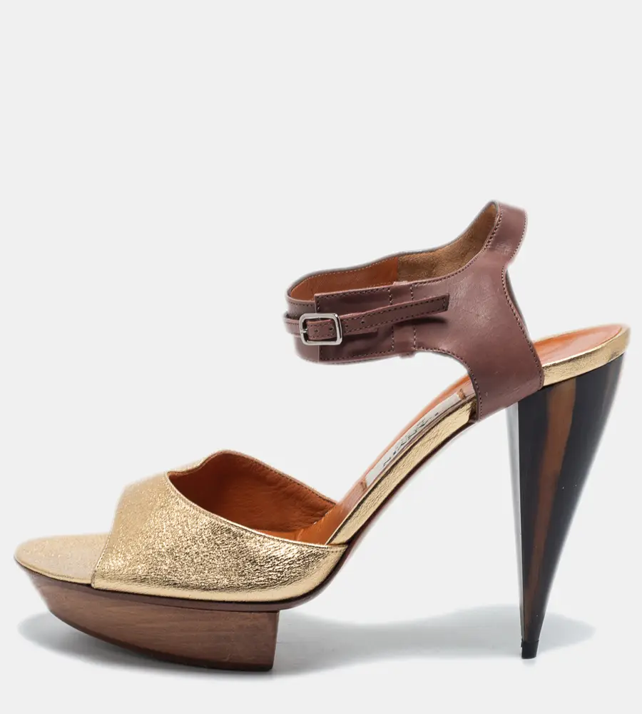 Lanvin Gold/Brown Leather Ankle Strap Sandals Size 40