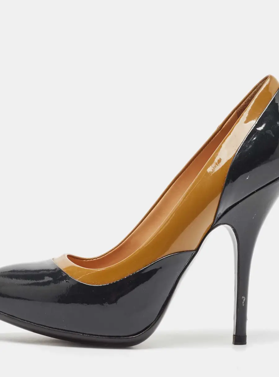Lanvin Brown/Navy Blue Patent Leather Round Toe Pumps Size 38.5