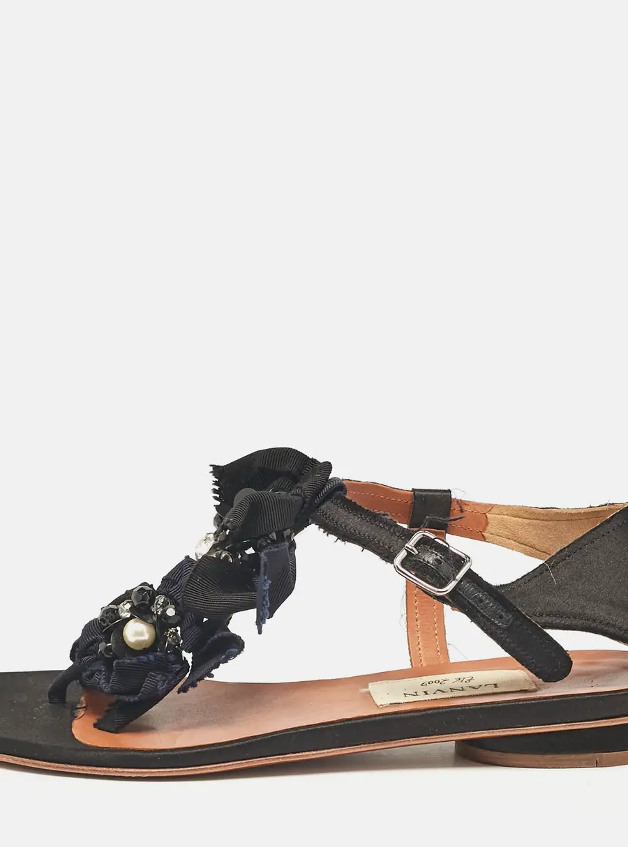 Lanvin Black Satin Crystals Embellished Flat Sandals Size 37