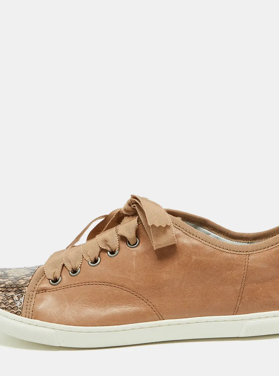 Lanvin Brown Leather and Snakeskin Cap Toe Low Top Sneakers Size 39