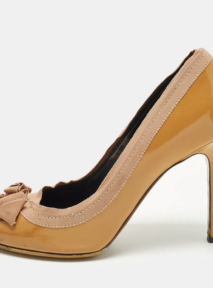 Lanvin Size 40 Brown Patent Leather Grosgrain Bow Peep Toe Pumps