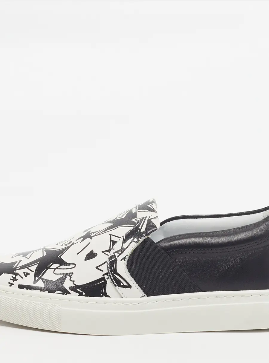 Lanvin Size 35 Black/White Leather Star Print Slip On Sneakers