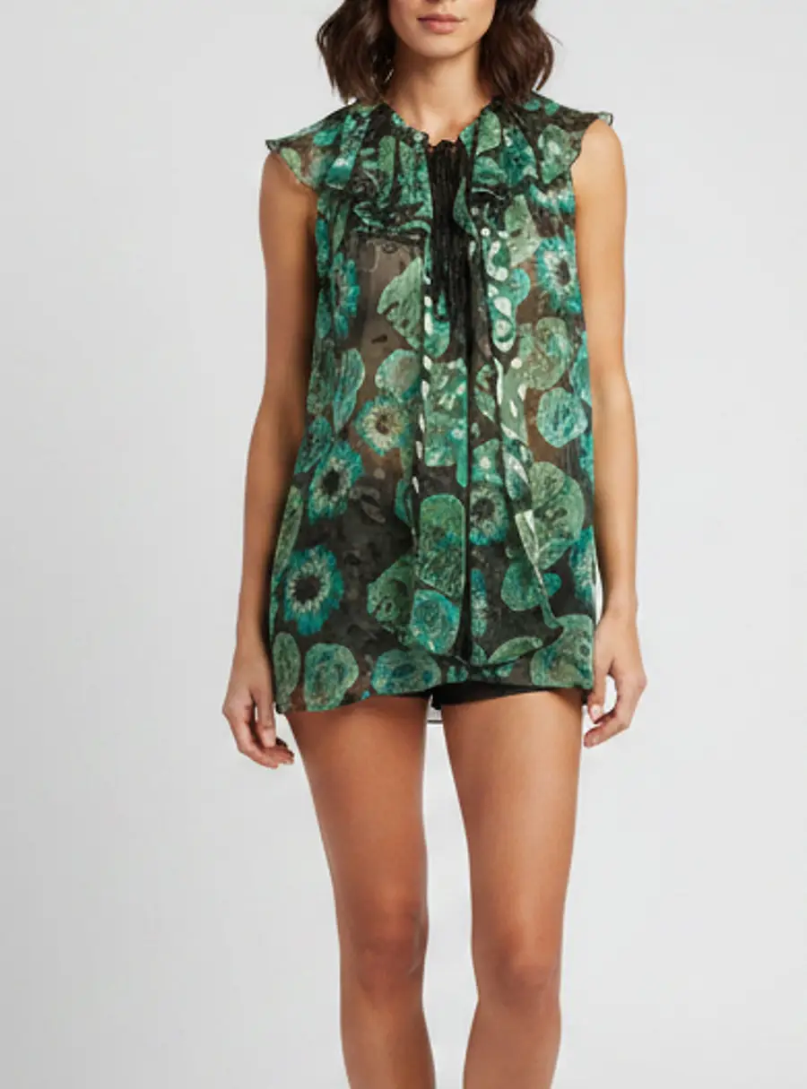 Lanvin Green/Black Floral Print Silk Chiffon Blouse M