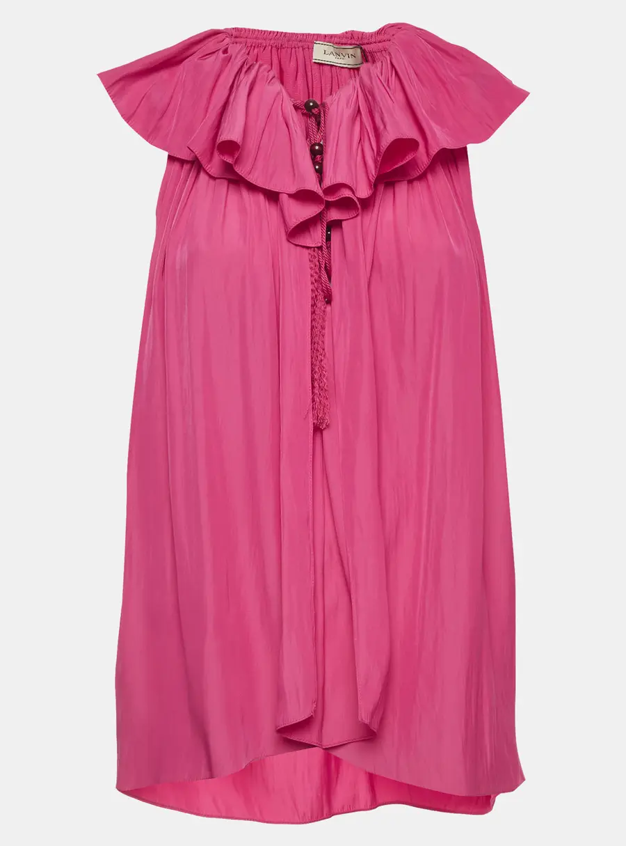 Lanvin Pink Crinkled Synthetic Neck-Tie Blouse M