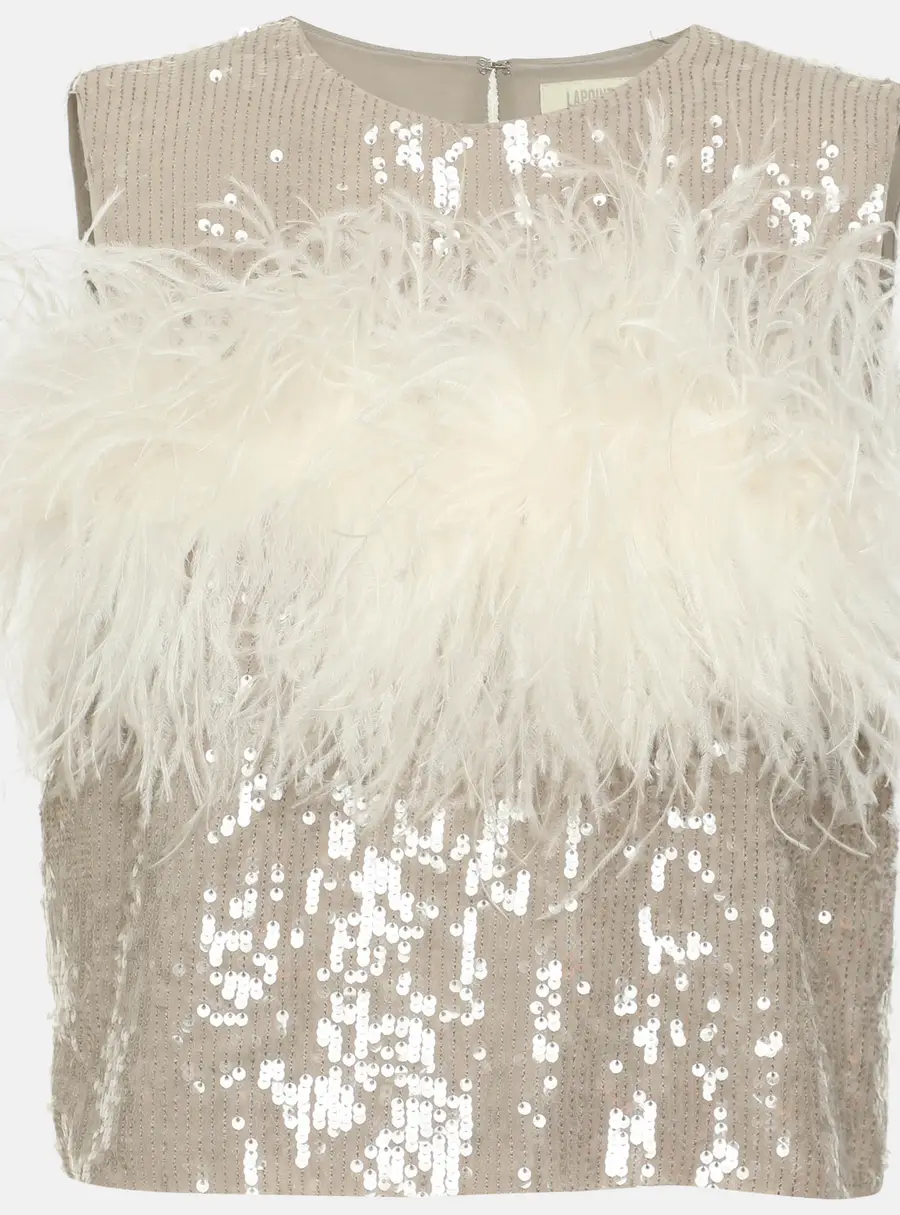 Lapointe Grey/White Sequin and Ostrich Feather Sleeveless Crop Top S