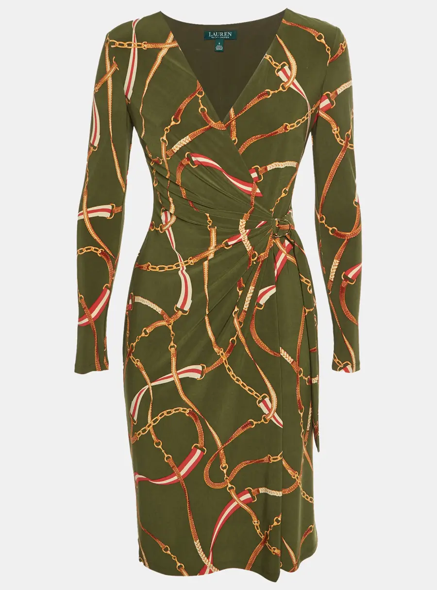 Lauren Ralph Lauren Green Equestrian Print Jersey Wrap Dress XS