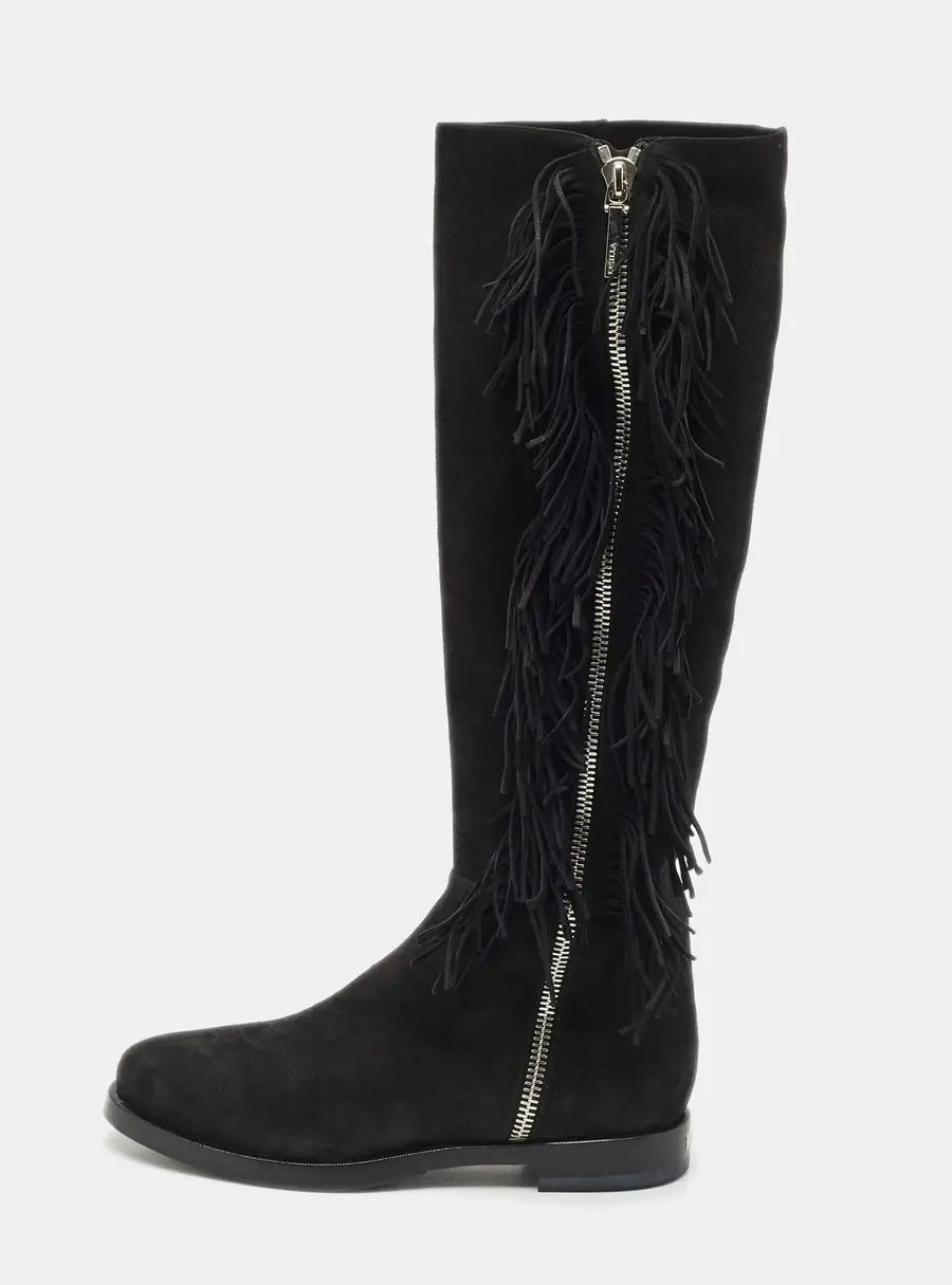 Le Silla Black Suede Fringe Trim Knee Length Boots Size 37.5