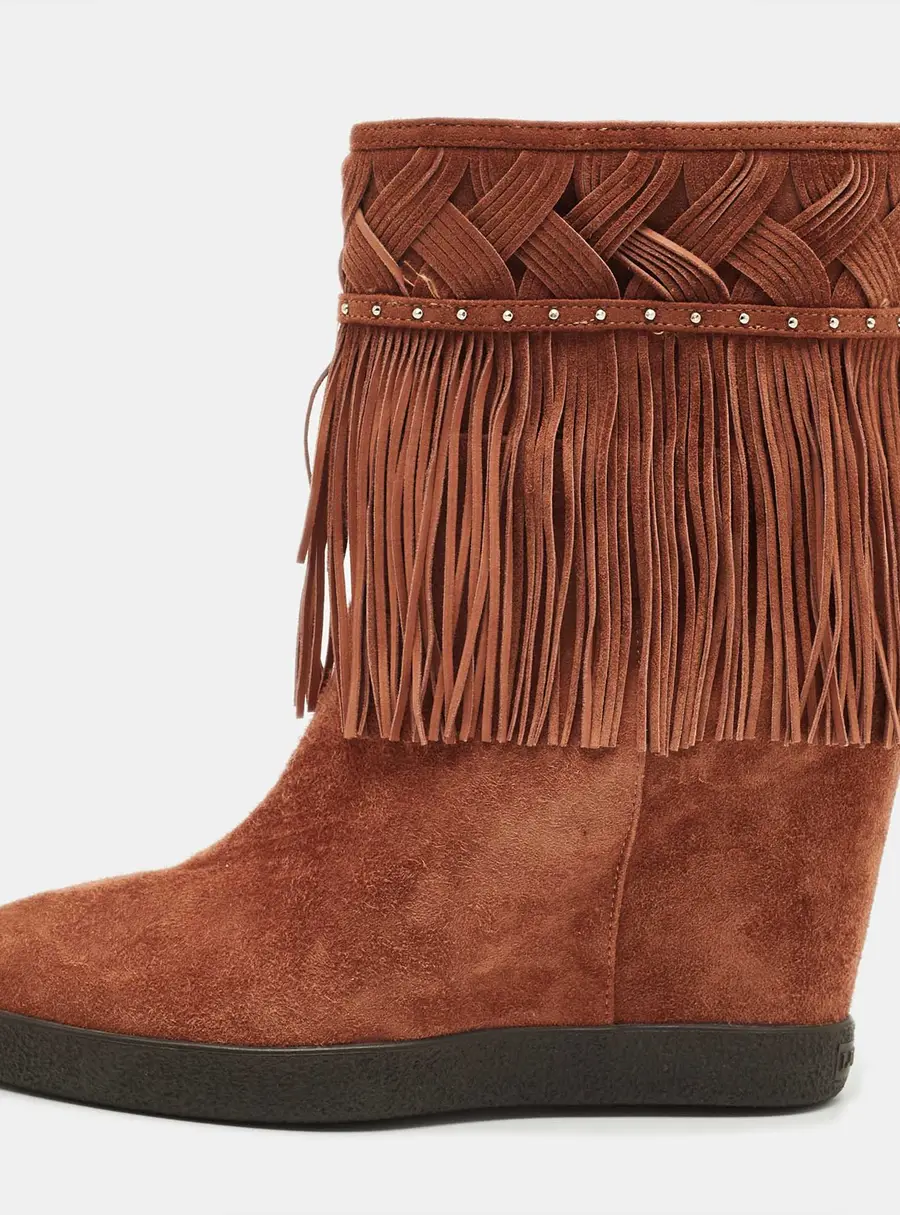 Le Silla Brown Suede Fringe Wedge Ankle Length Boots Size 36