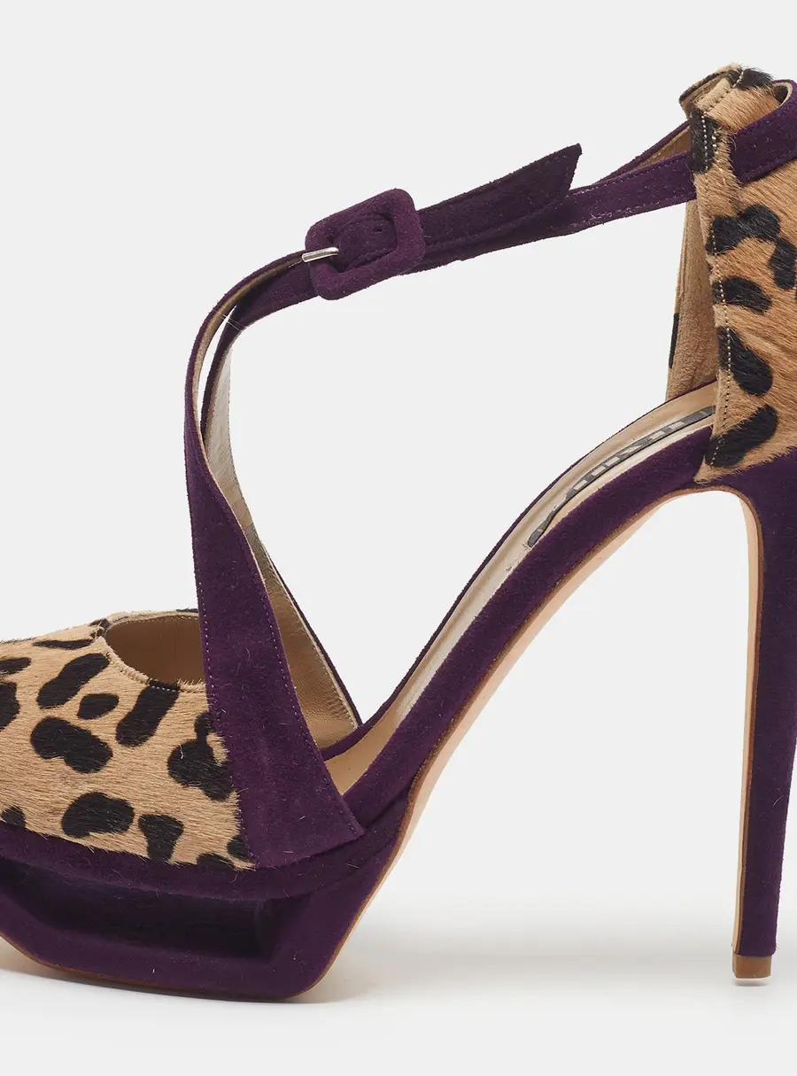 Le Silla Size 38 Purple/Beige Leopard Print Calf Hair and Suede Platform Ankle Strap Sandals
