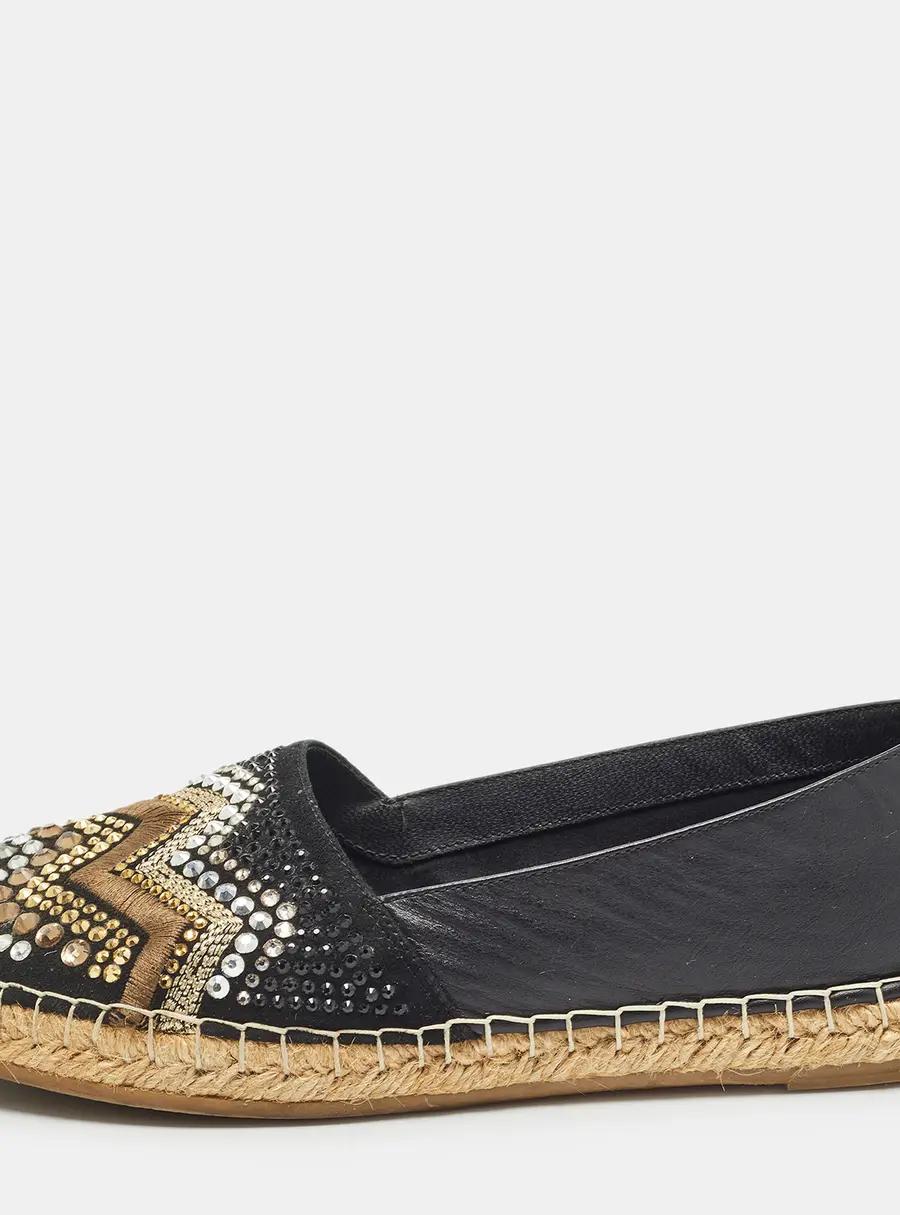 Le Silla Black Leather and Embellished Suede Espadrille Flats Size 37
