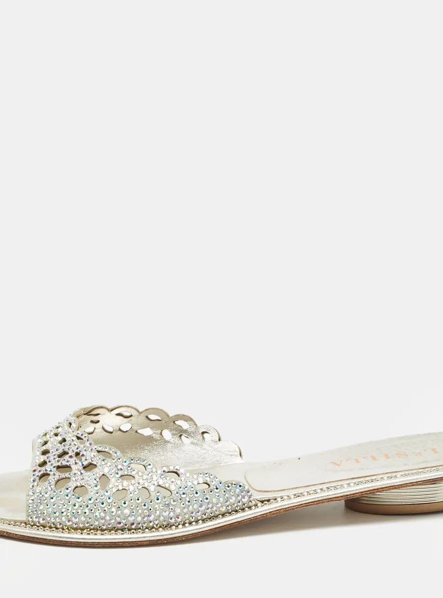 Le Silla Silver Crystal Embellished Textured Suede Flat Slides Size 37.5