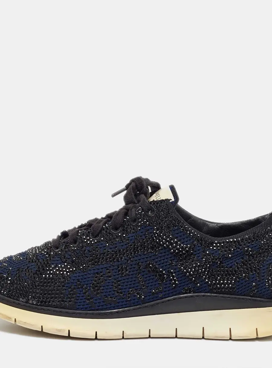 Le Silla Navy Blue/Black Knit Fabric and Leather Crystal Embellished Low Top Sneakers Size 42