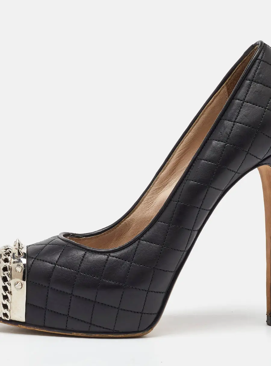 Le Silla Black Quilted Leather Metal Cap Toe Platform Pumps Size 38