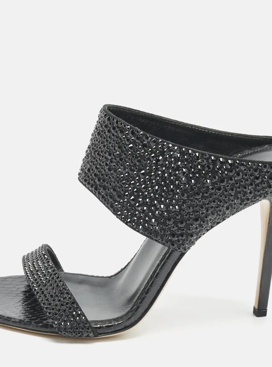 Le Silla Black Snakeskin Embossed Leather and Suede Crystal Embellished Slide Sandals Size 37.5