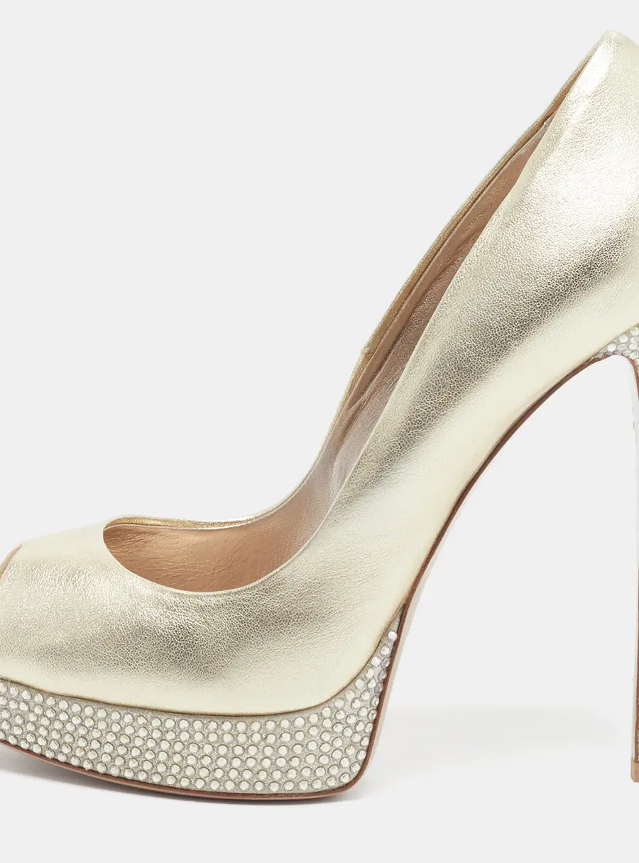 Le Silla Size 38.5 Gold Leather and Suede Crystal Embellished Platform Open Toe Pumps