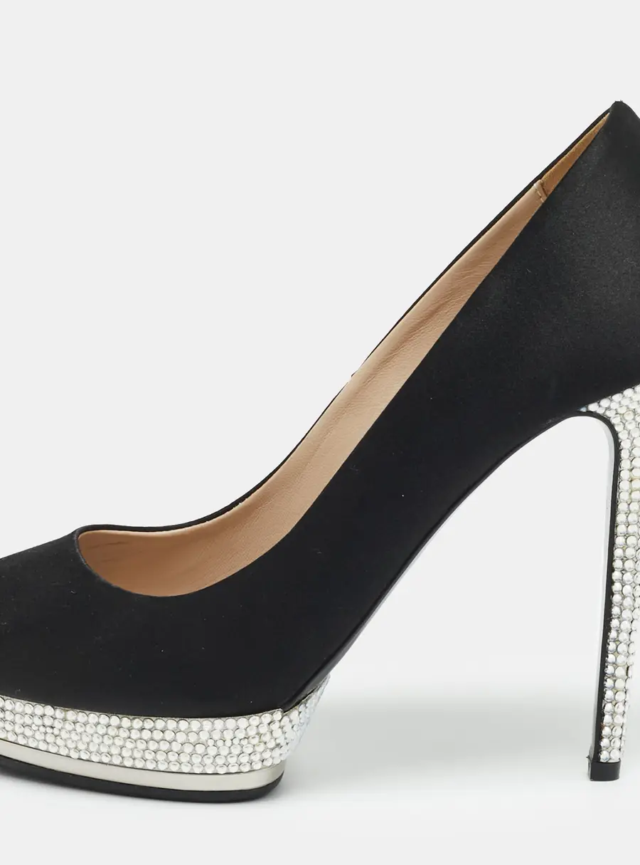 Le Silla Size 39 Black Satin Crystal Embellished Peep Toe Pumps