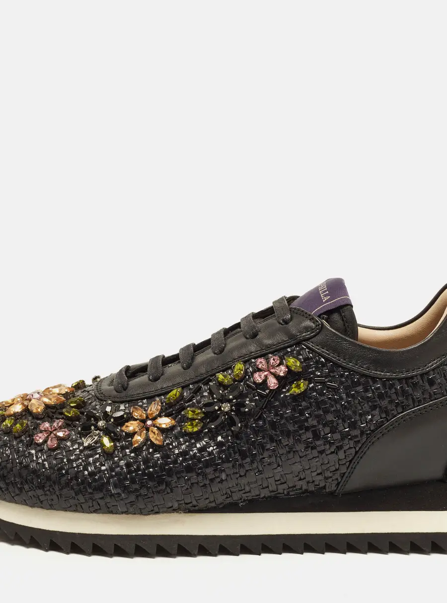 Le Silla Size 38 Black Leather and Raffia Crystal Embellished Lace Up Sneakers