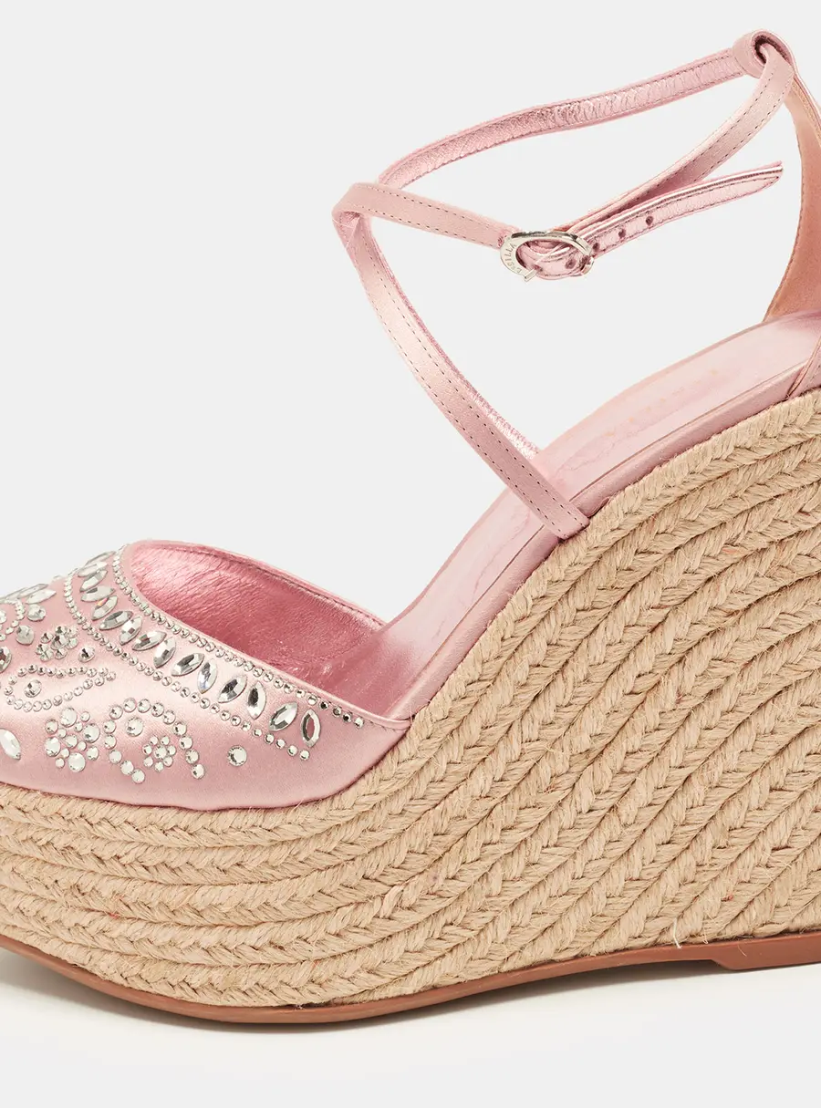 Le Silla  Size 38 Rose Gold Satin Crystal Embellish Espadrille Wedge Sandals