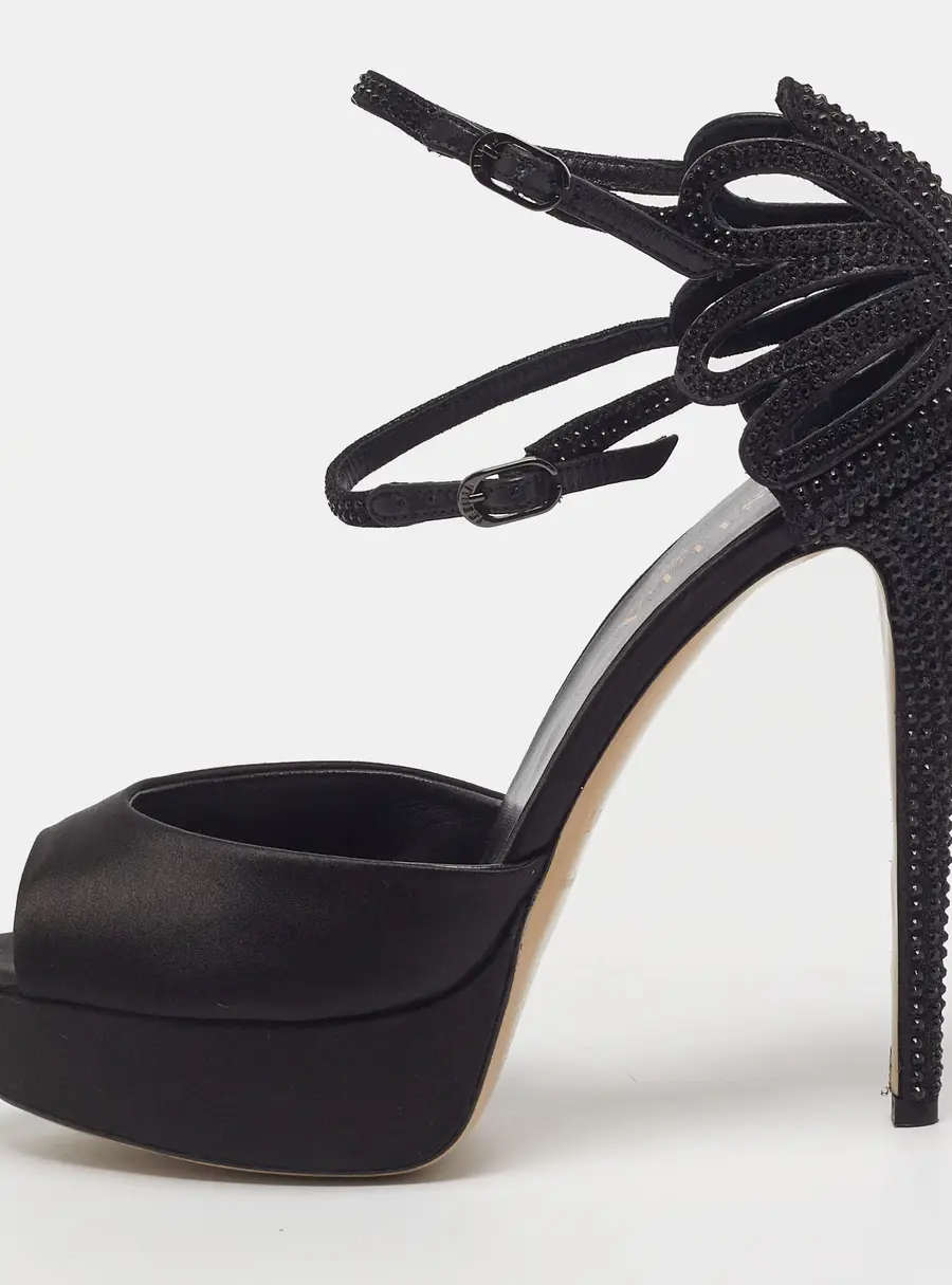 Le Silla Size 38 Black Leather and Satin Crystal Embellished Ankle Strap Sandals
