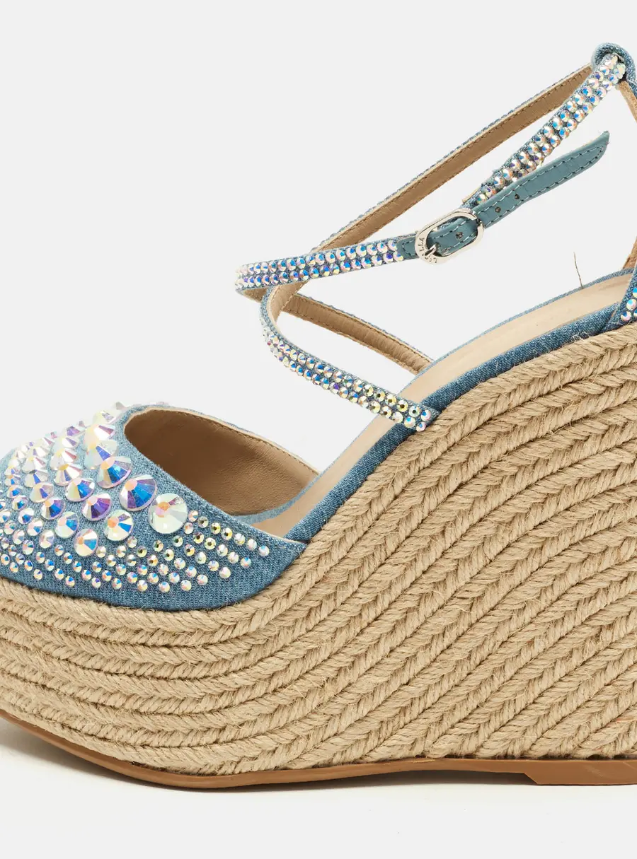 Le Silla Size 38 Blue Denim  Crystal Embellish Espadrille Sandals