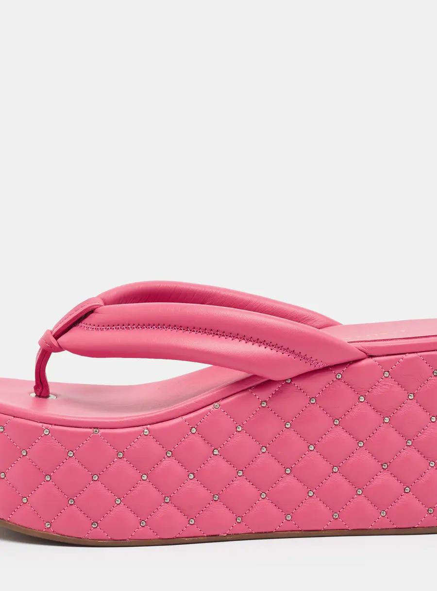 Le Silla Size 38.5 Pink Leather Studded Thong Wedge Sandals