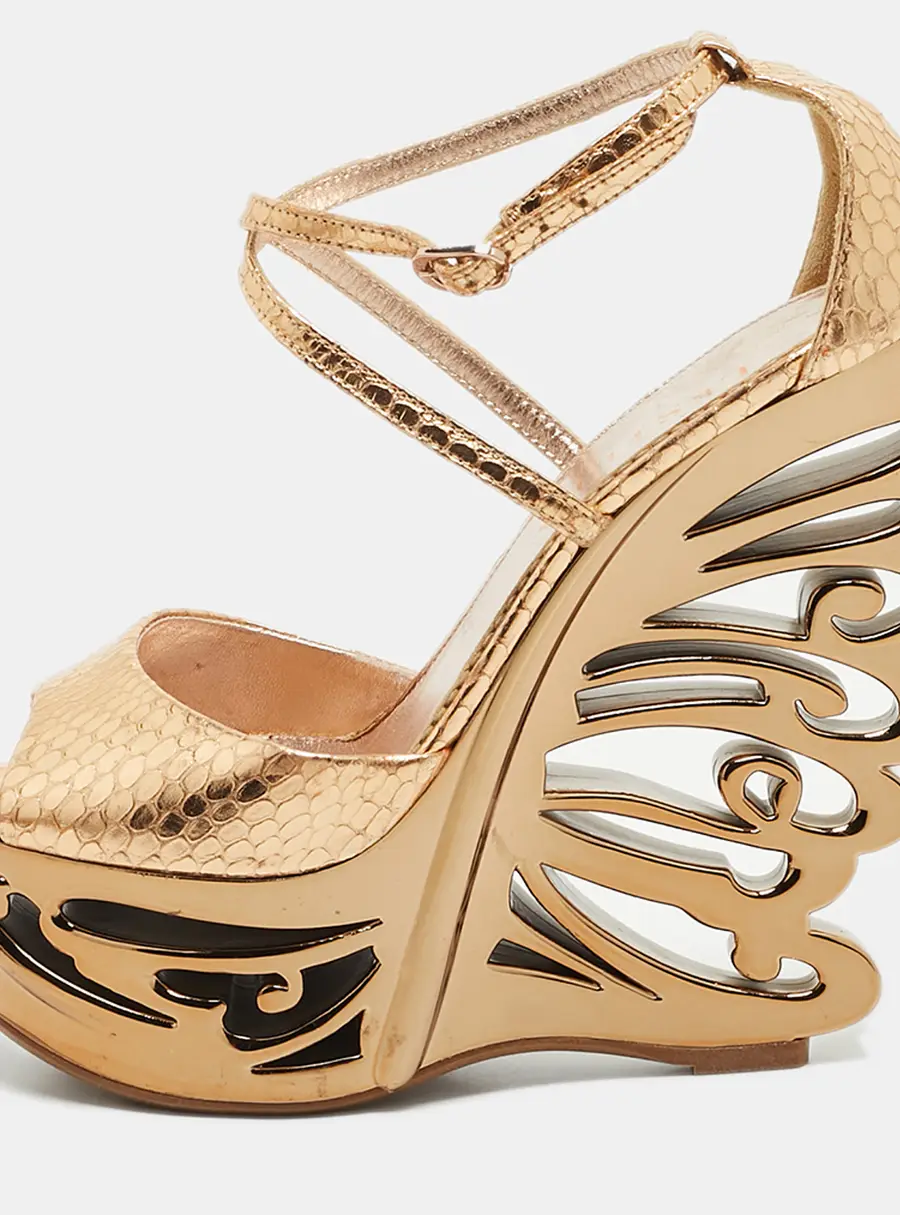Le Silla Size 35 Metallic Snakeskin Embossed Leather Butterfly Platform Wedge Sandals