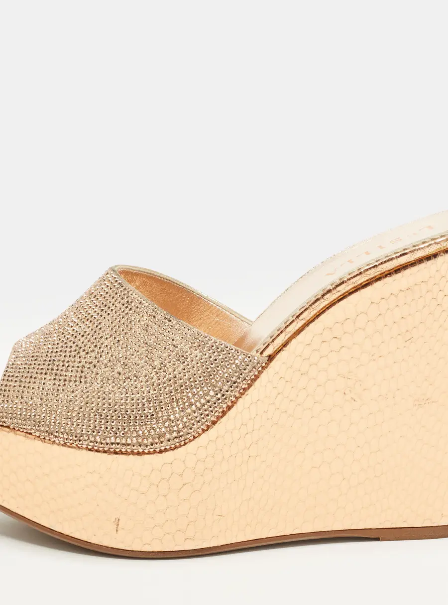 Le Silla Size 40 Gold Crystals and Python Embossed Leather Wedge Sandals