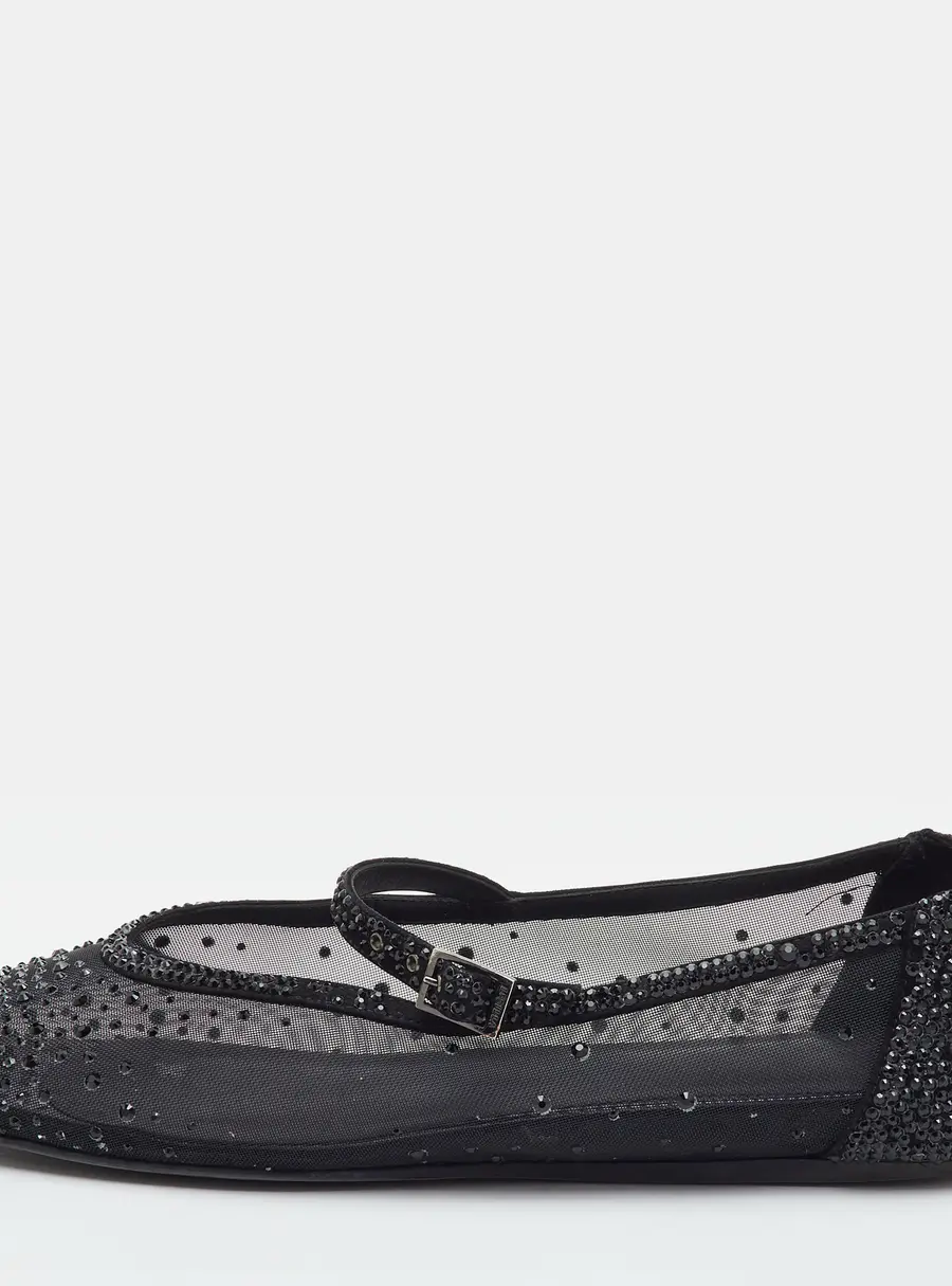 Le Silla Size 41 Black Mesh and Suede Crystal Embellished Mary Jane Ballet Flats