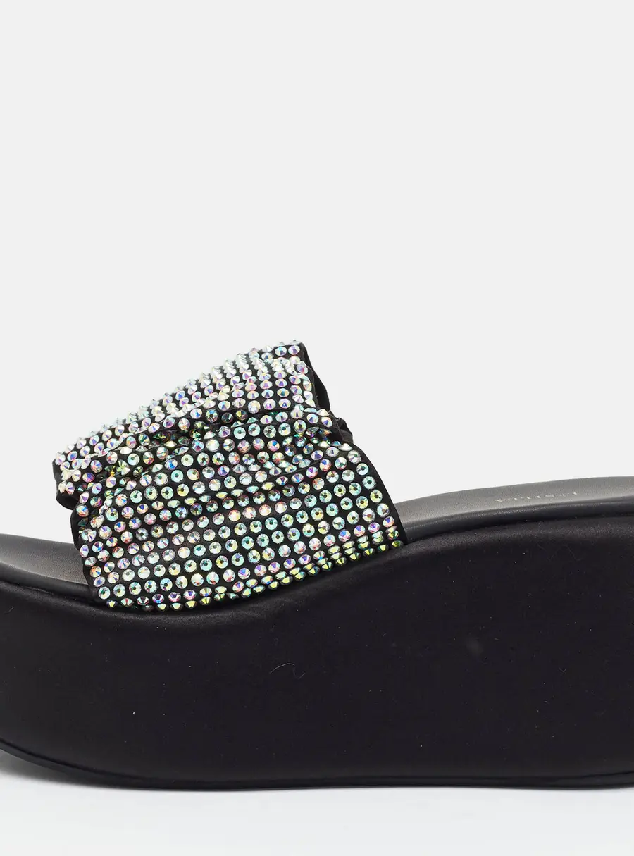 Le Silla Size 39.5 Black Crystals and Satin Wedge Sandals