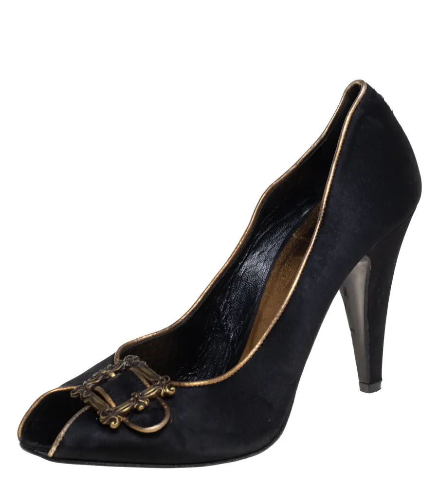Le Silla Black Satin Buckle Peep-Toe Pumps Size 39