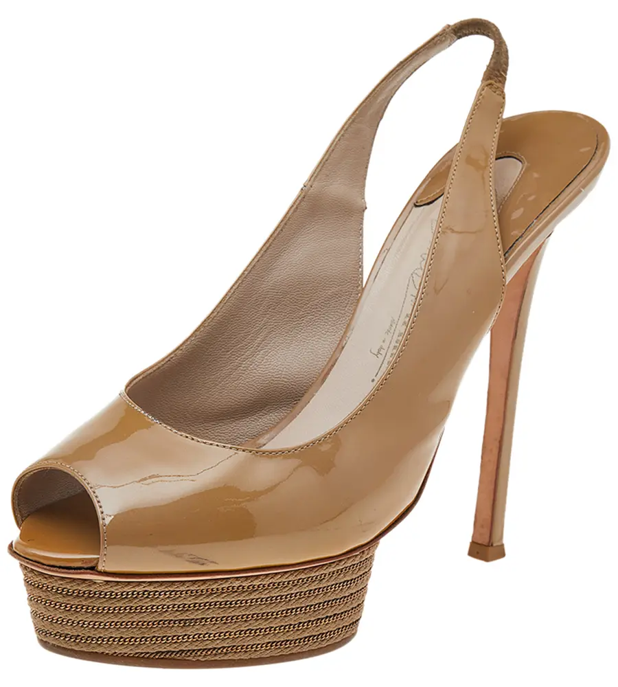 Le Silla Beige Patent Leather Peep Toe Slingback Sandals Size 40