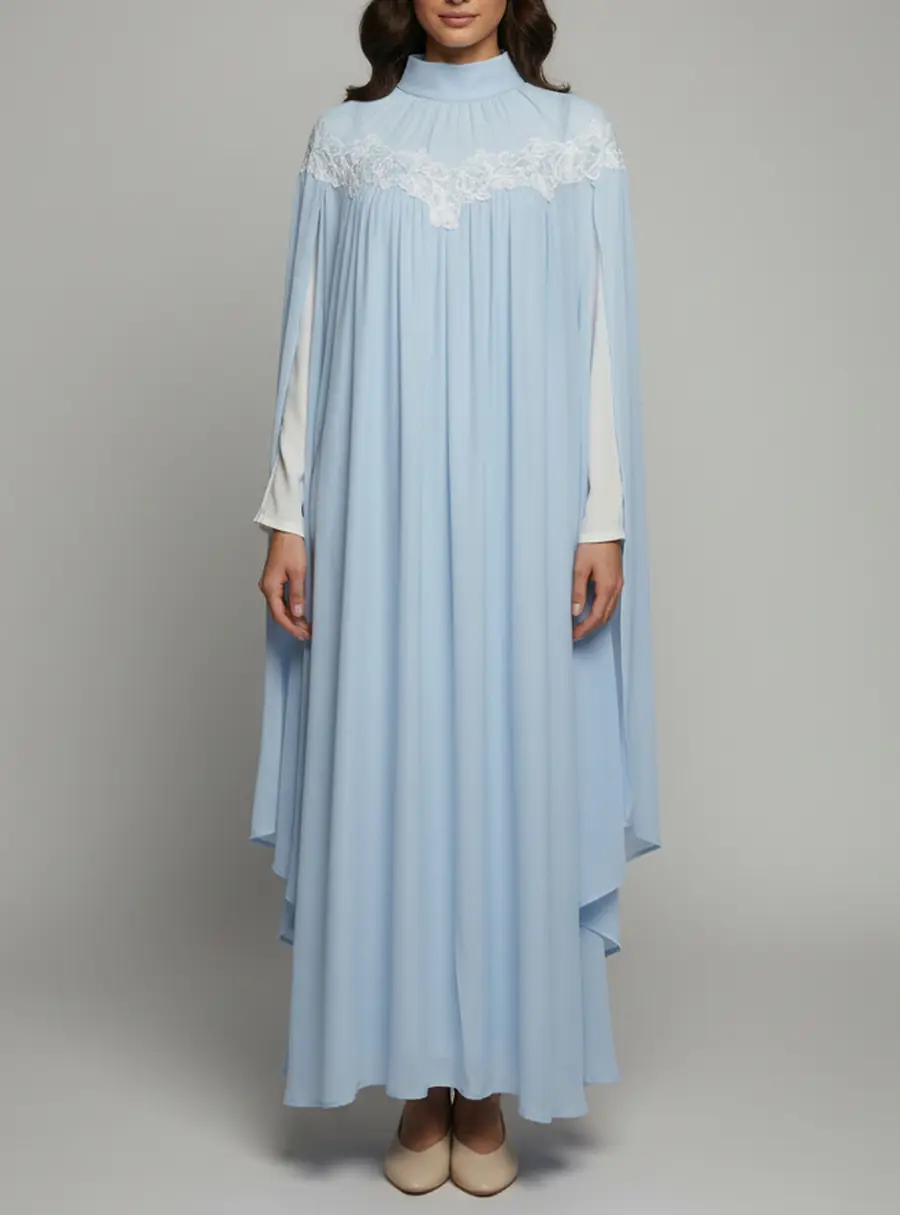 The One by Lichi Blue Crepe Lace Trim Cape Sleeve Maxi Dress M