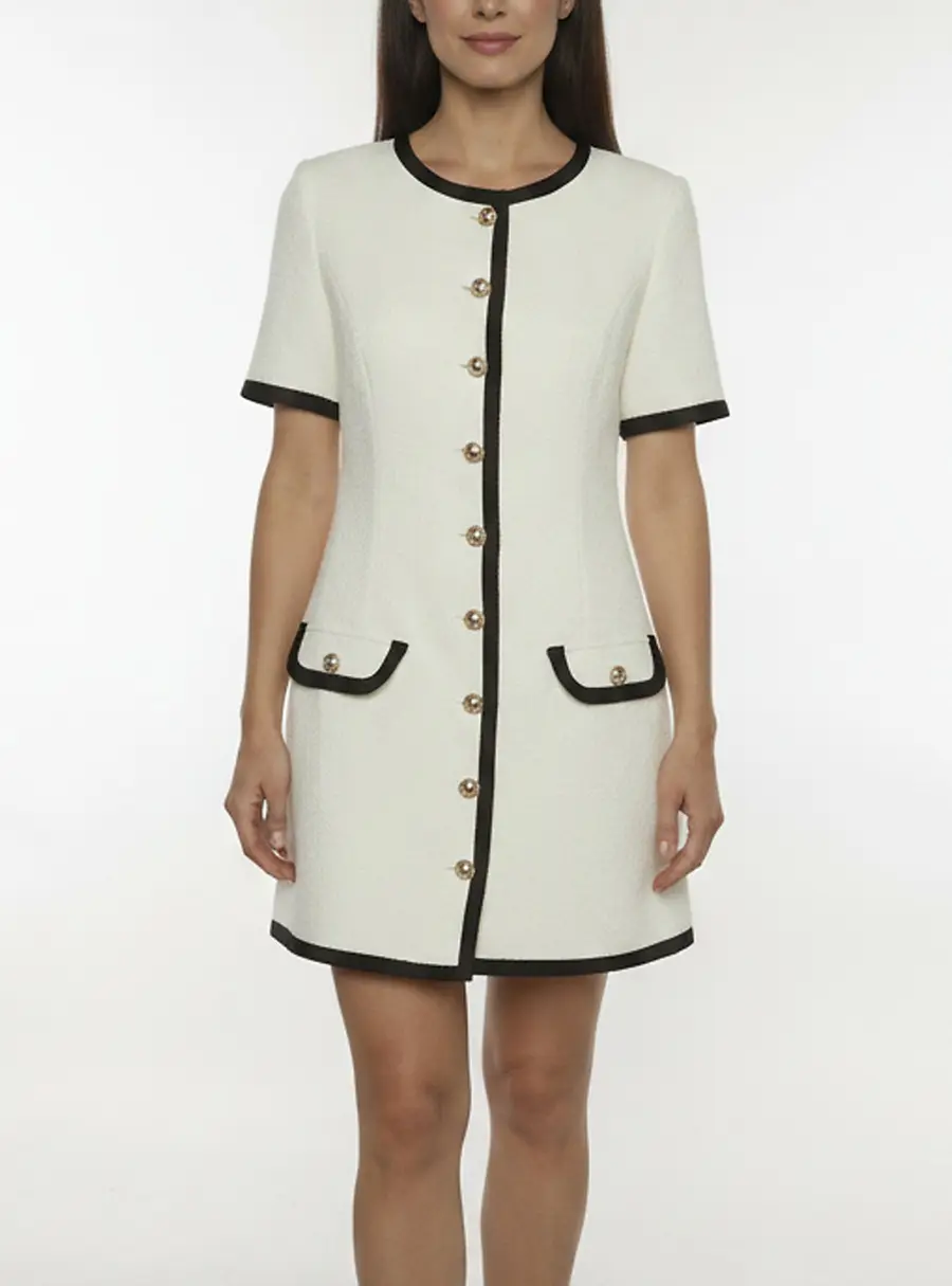 The One by Lichi Off White Tweed Contrast Trim Short Sleeve Mini Dress M