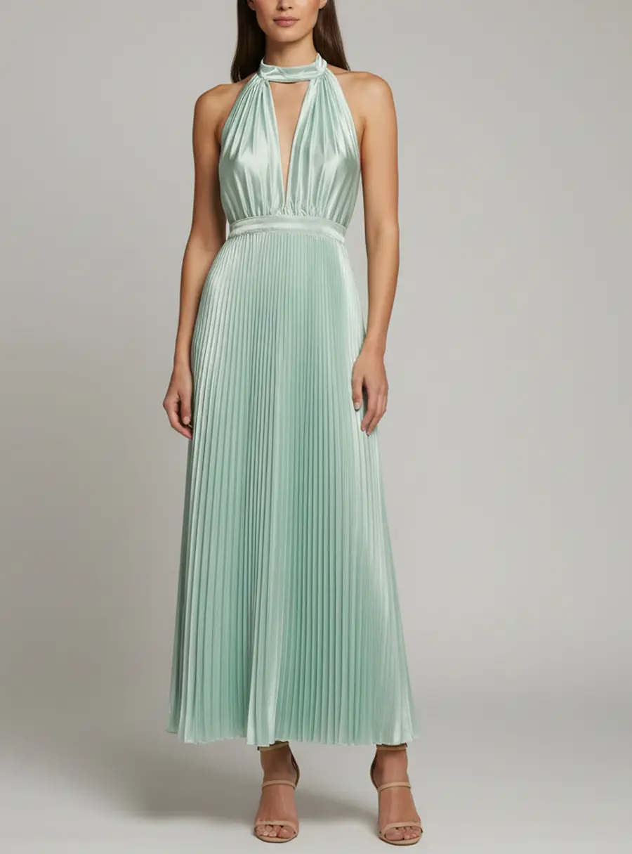 L'IDEE Light Green Satin Plisse Halter Neck Chateau Gown XS
