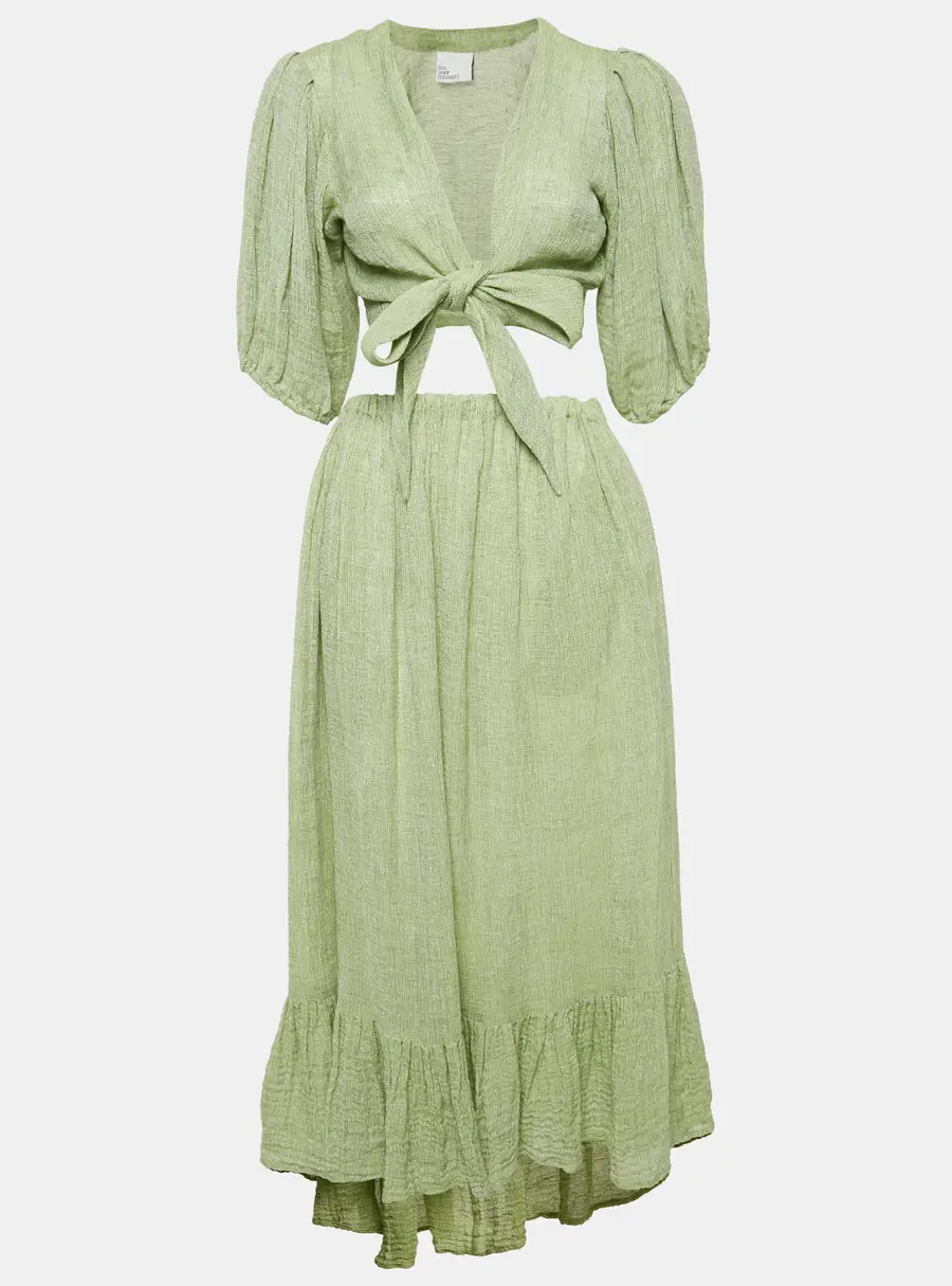 Lisa Marie Fernandez Green Textured Linen Wrap Top and Skirt Set M