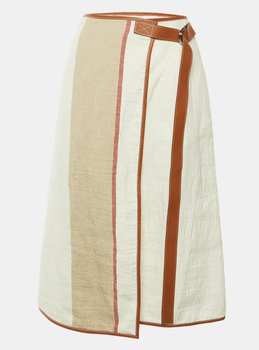Loewe White Linen & Leather Trim Belted Midi Skirt L