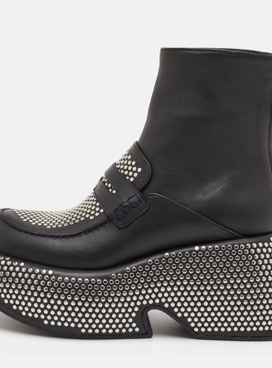 Loewe Size 36 Black Leather Studded Platform Loafer Ankle Length Boots