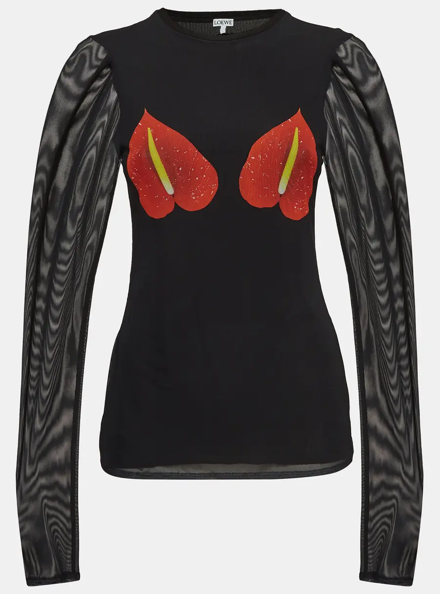 Loewe Black Mesh Anthurium Printed Full Sleeves Top L