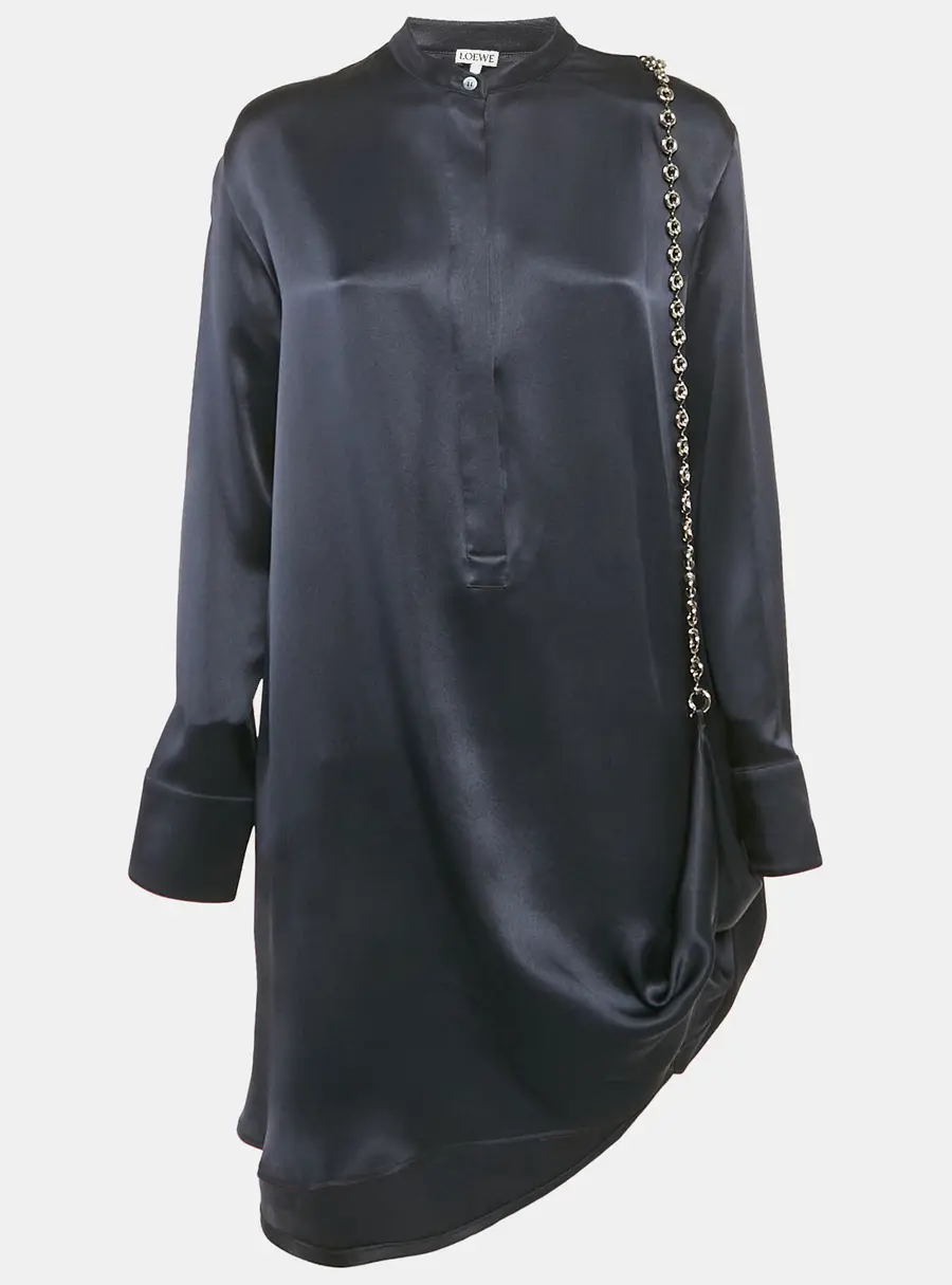 Loewe Navy Blue Satin Chain Detail Short Shirt Dress S