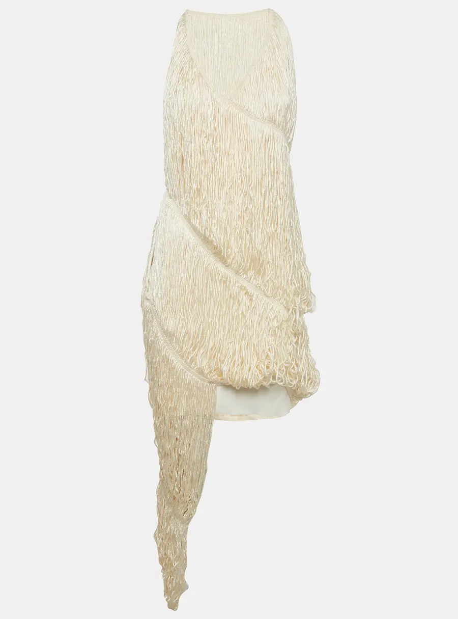 Loewe Cream Silk Sleeveless Asymmetric Fringe Dress S