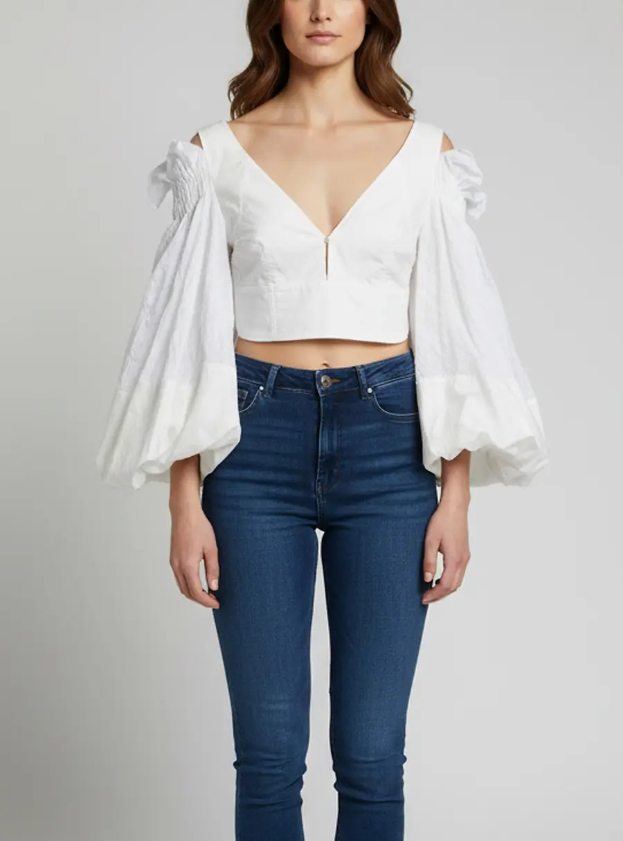 Loewe White Cotton Balloon Sleeved Crop Top M