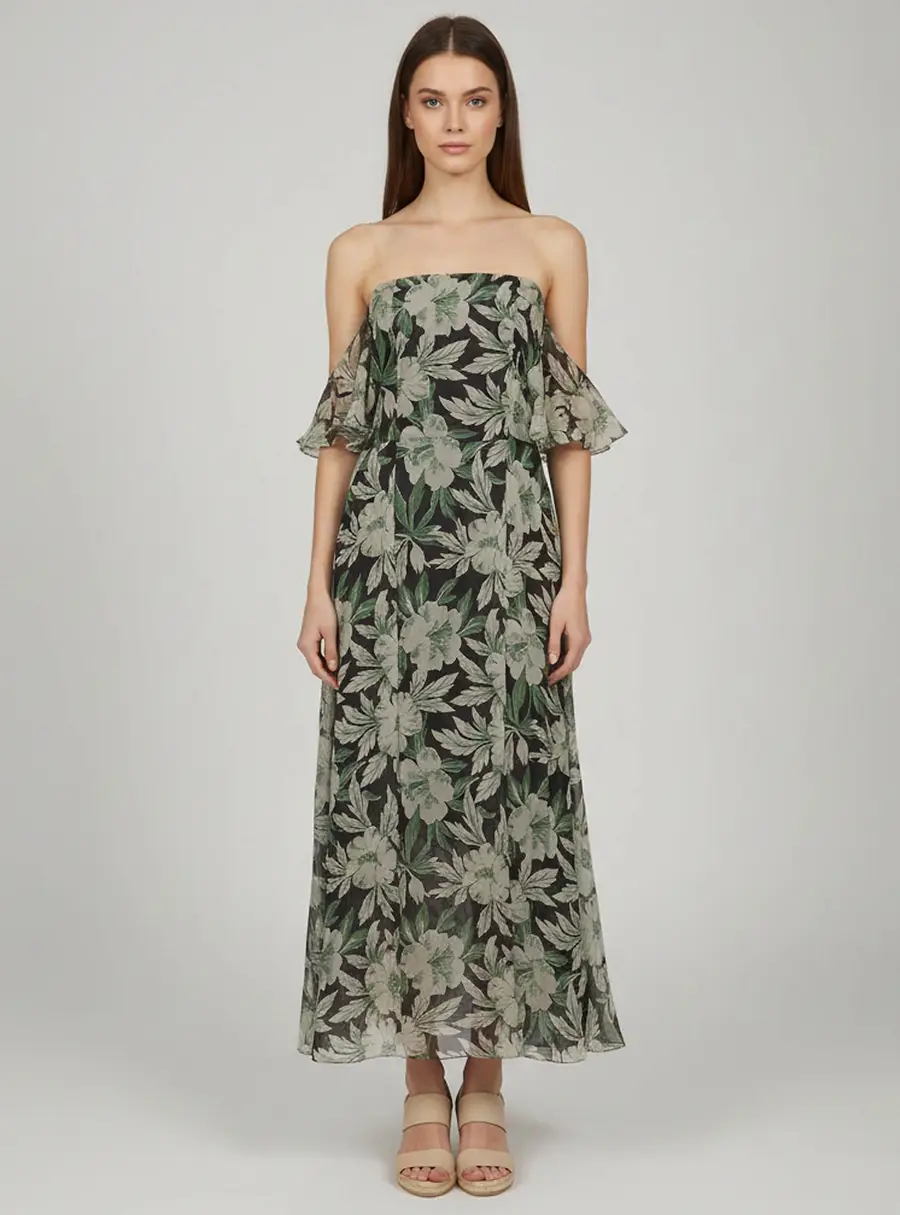 Loewe Black Floral Printed Chiffon Strapless Midi Dress M