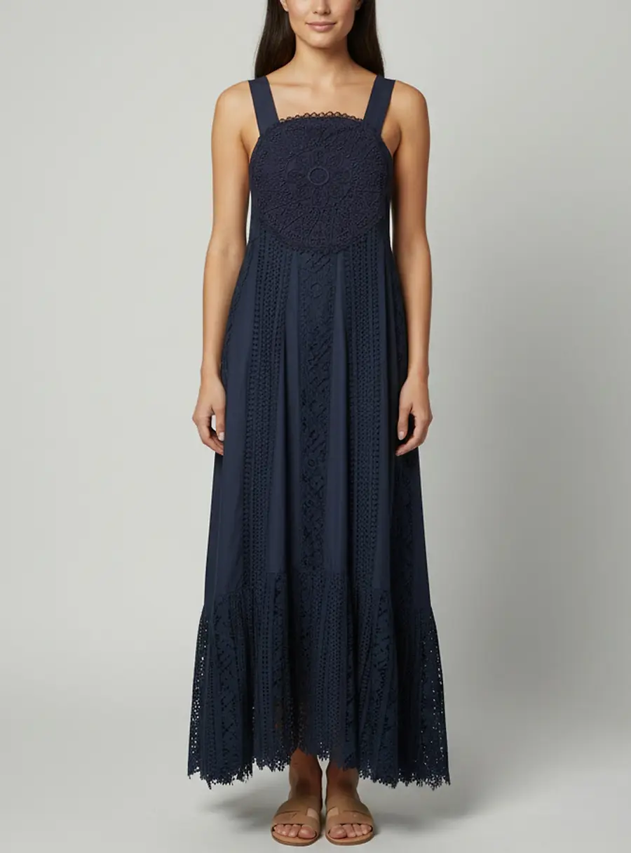 Loewe x Paula's Ibiza Navy Blue Lace Detail Strappy Maxi Dress M