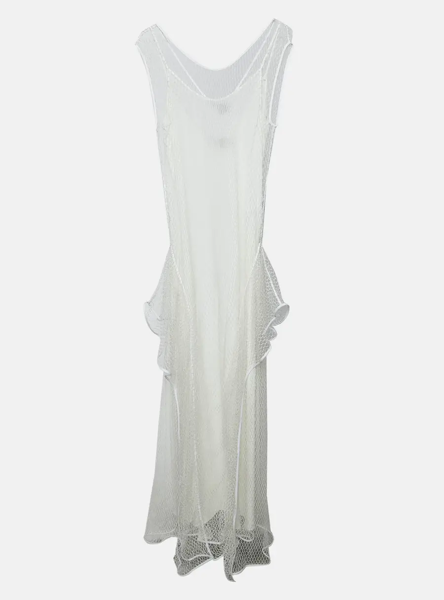 Loewe Off White Satin and Fishnet Maxi Dress L