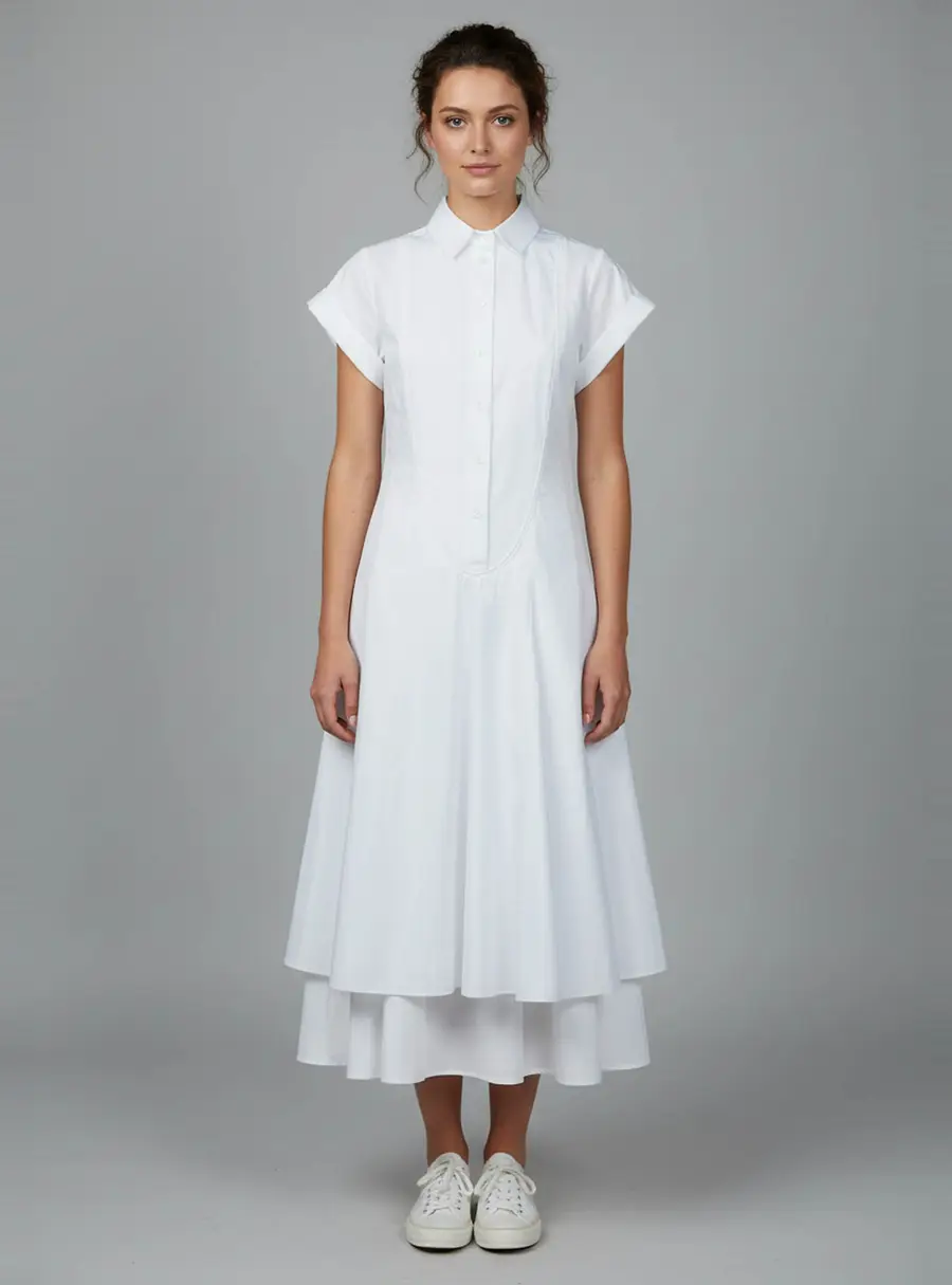 Loewe White Cotton Pleated Double Layer Midi Shirt Dress XS