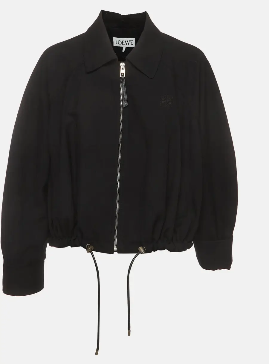 Loewe Black Herringbone Wool Zip Up Drawstring Jacket XS