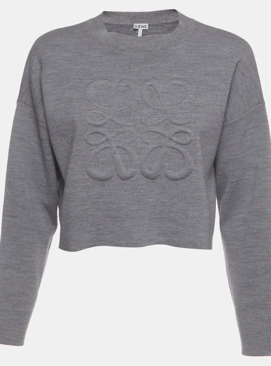 Loewe Grey 3D-Embossed Anagram Wool Knit Cropped Sweater XS