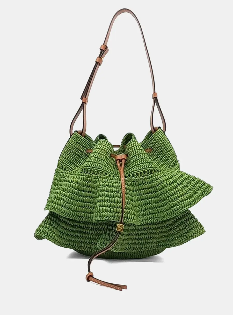 Loewe Balloon Green/Brown Raffia Drawstring Bag