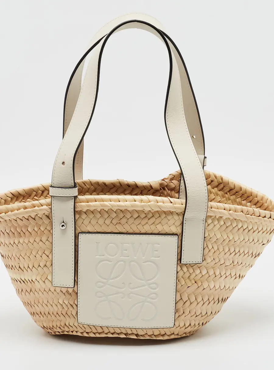 Loewe Anagram White/Cream Raffia and Leather Basket Tote