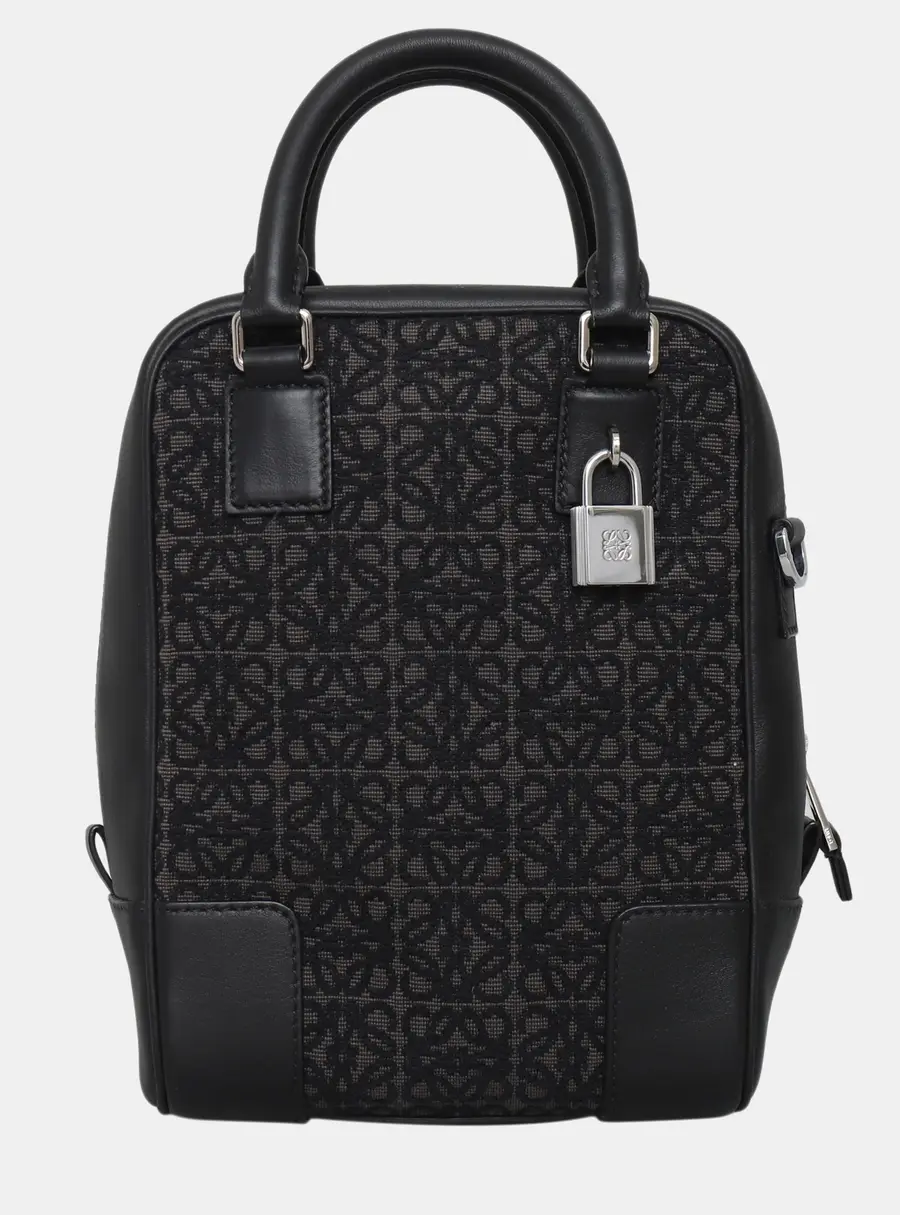 Loewe Amazona 15 Black Logo Jacquard Canvas Leather Trim Top Handle Bag